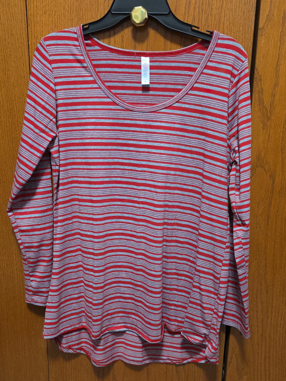 LuLaRoe Red and Light Gray Striped Long Sleeve Top